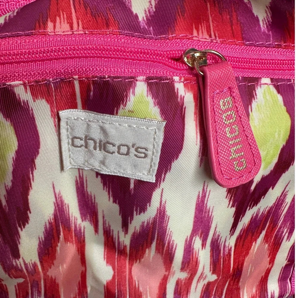 Chicos Packable Tote Bag Ikat Pink Orange Geometric Foldable Travel Purse NWT